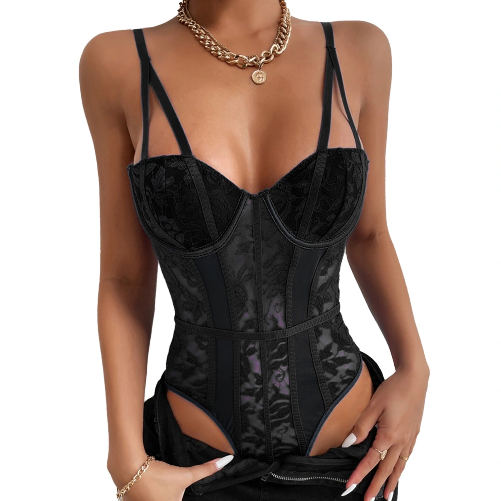 Lace Bodysuit Erogenous Fashionable 1/2 Cup Regulable Y Shape Shoulder Straps Mesh Lace Stitching One Piece Lingerie Black S