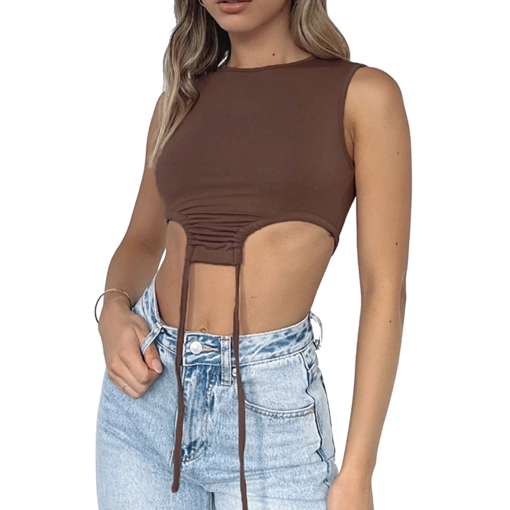 Women Sleeveless Tank Tops Stylish Spring Summer Slimming Irregular Hem Drawstring Tie Women Crewneck Tank Tops Brown M