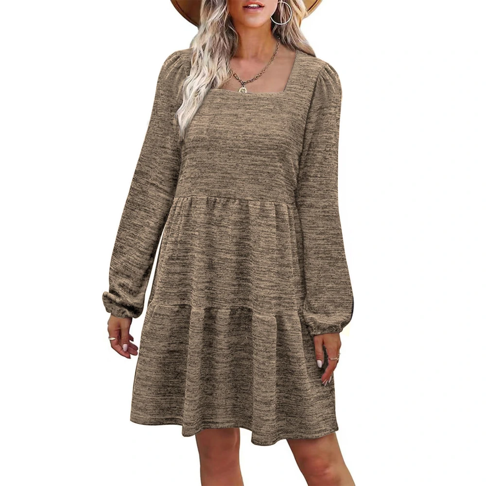 Long Sleeve Dress Squared Neck Pure Color Tiered Design Puff Sleeve Women Summer Tunic Dress for Party Office Coffee M