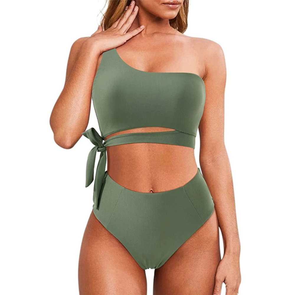 Women Bating Suit Two Piece One Shoulder High Waist Stretchy Breathable Padded Wireless Bikini Set Green S