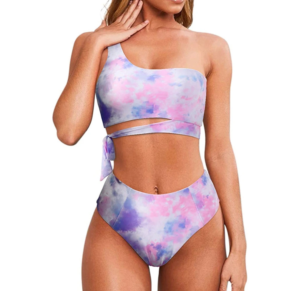 Women Bating Suit Two Piece One Shoulder High Waist Stretchy Breathable Padded Wireless Bikini Set Pink Tie Dye S