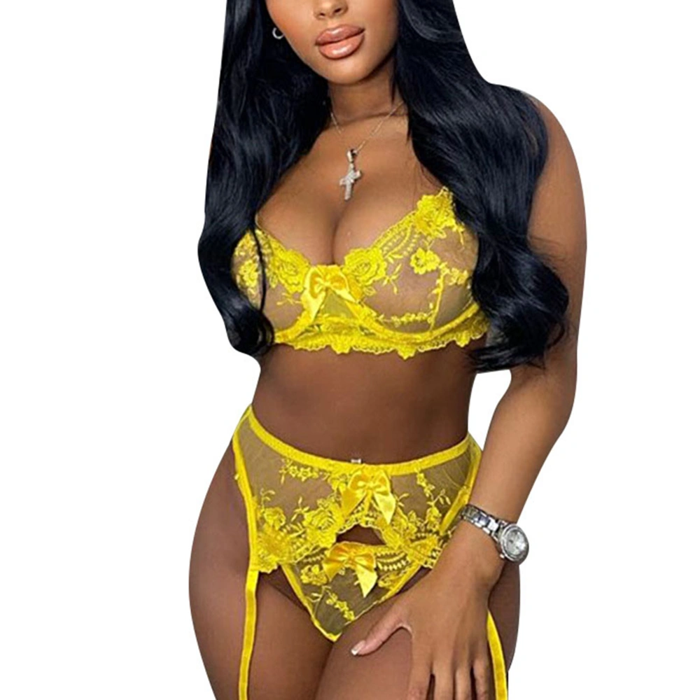 Women Underwear Set with Steel Ring Lace Embroidery Adjustable Strap Top Briefs Garters Set Yellow M