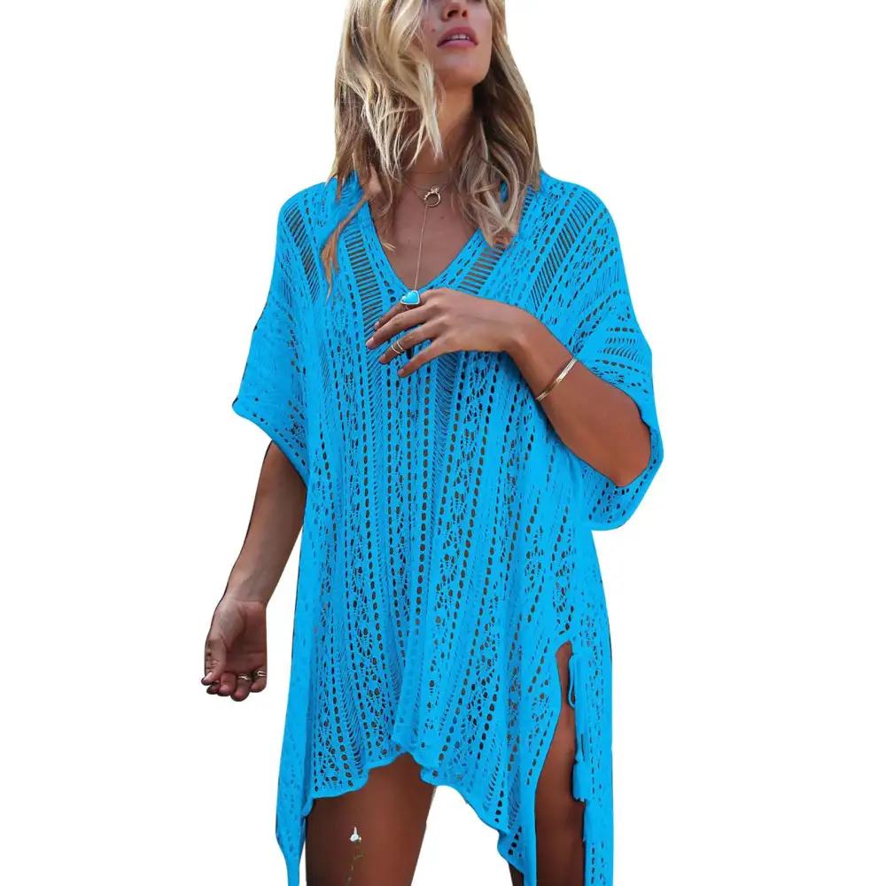 Women Bikini Coverup V Neck Crochet Net Side Drawstring Irregular Hem Swimsuit Covering Dress Lake Blue Free Size