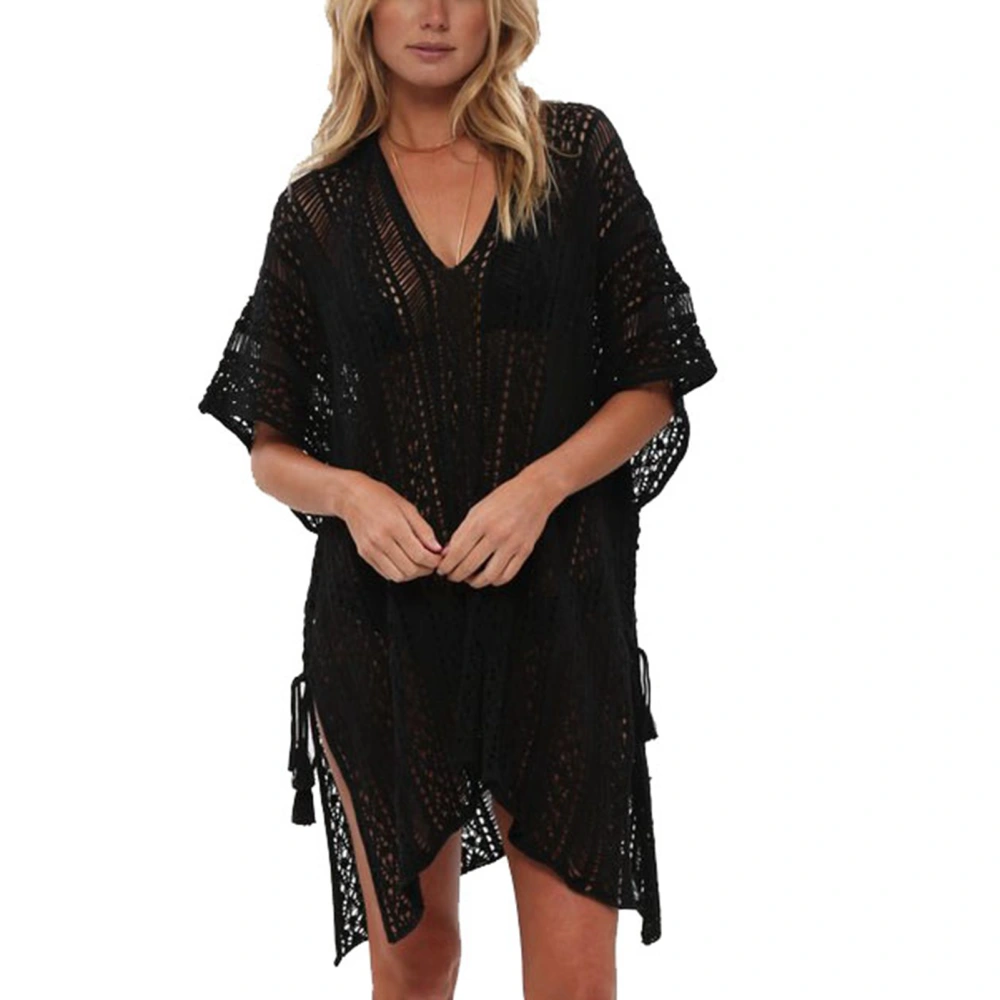 Women Bikini Coverup V Neck Crochet Net Side Drawstring Irregular Hem Swimsuit Covering Dress Black Free Size