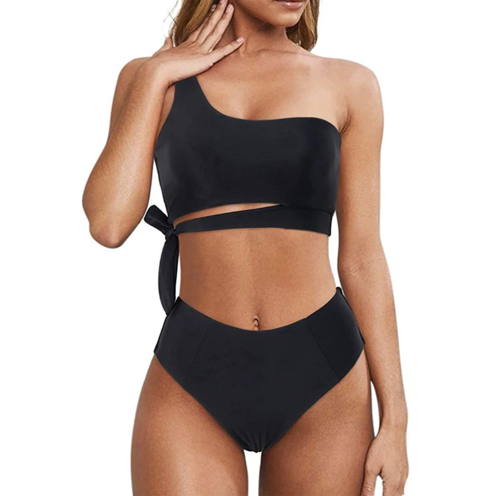 Women Bating Suit Two Piece One Shoulder High Waist Stretchy Breathable Padded Wireless Bikini Set Black S