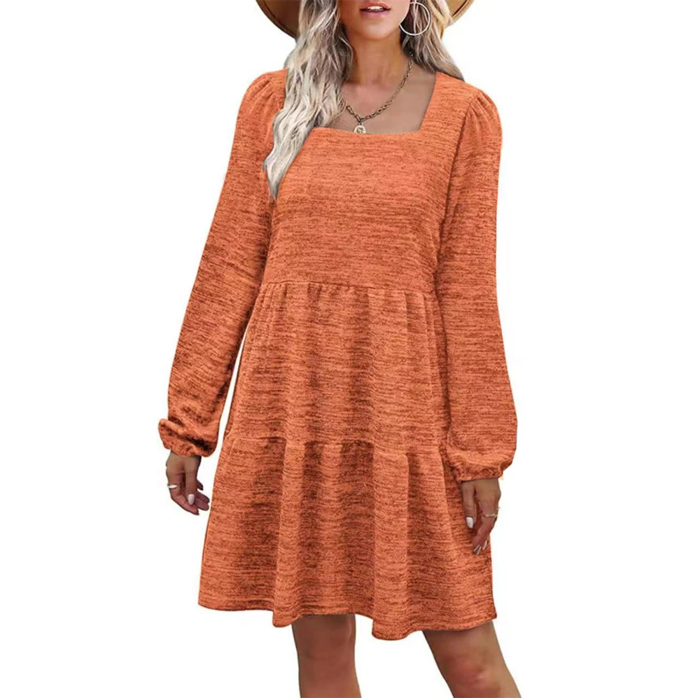 Long Sleeve Dress Squared Neck Pure Color Tiered Design Puff Sleeve Women Summer Tunic Dress for Party Office Orange S