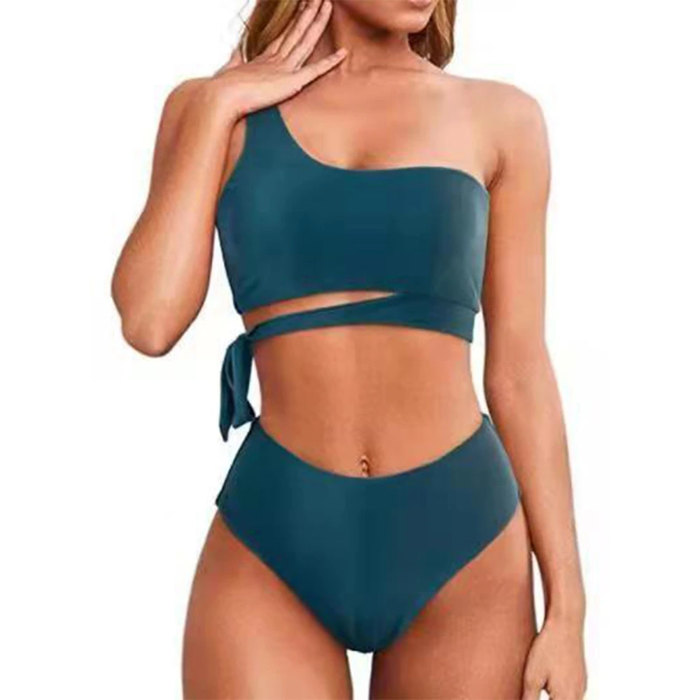 Women Bating Suit Two Piece One Shoulder High Waist Stretchy Breathable Padded Wireless Bikini Set Blackish Green S