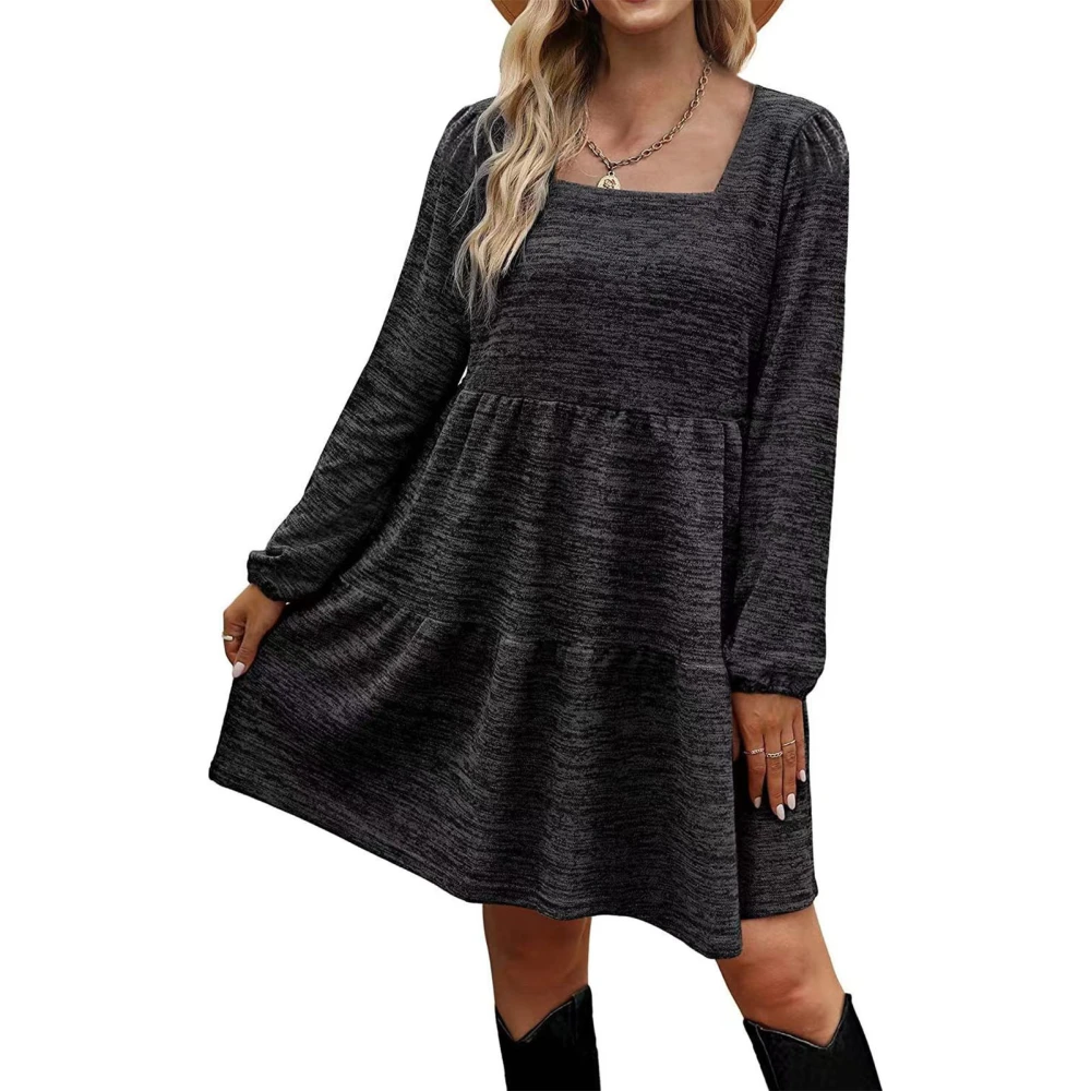 Long Sleeve Dress Squared Neck Pure Color Tiered Design Puff Sleeve Women Summer Tunic Dress for Party Office Black Gray XL