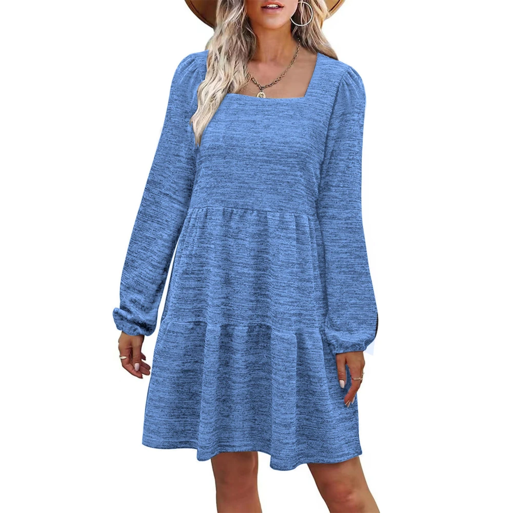 Long Sleeve Dress Squared Neck Pure Color Tiered Design Puff Sleeve Women Summer Tunic Dress for Party Office Lake Blue XL