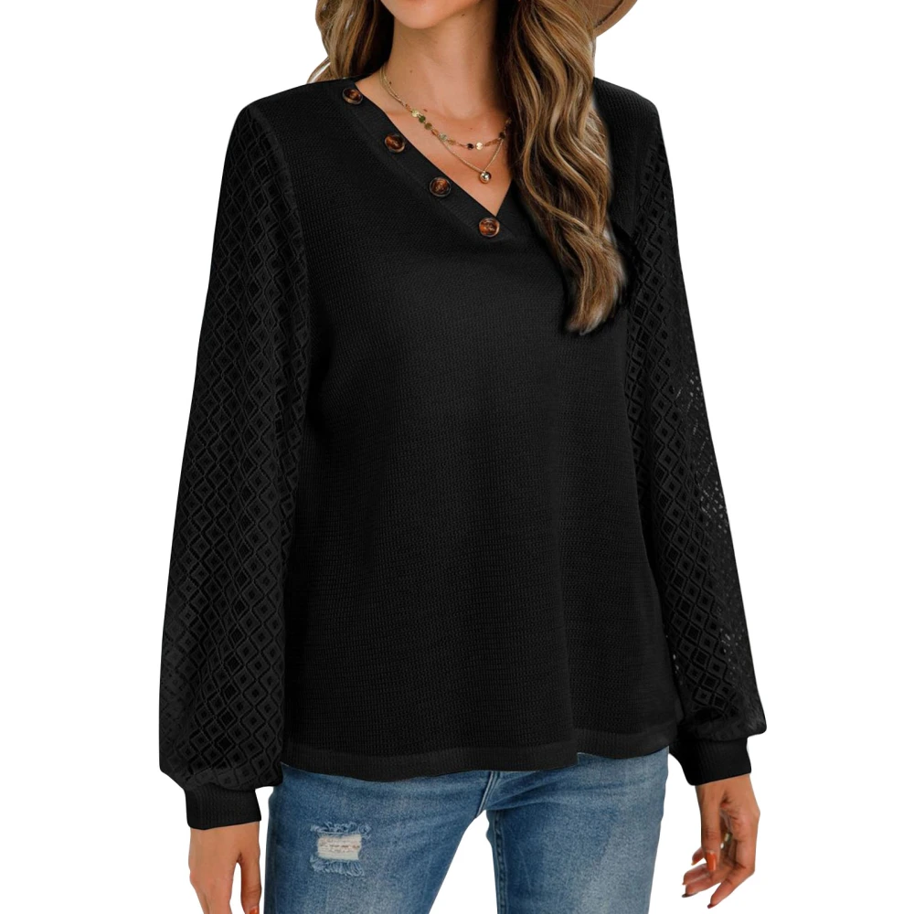 Women Shirt V Neck Lace Stitching Long Sleeves Tightened Cuff Loose Comfortable Button T Shirt for Outdoor Indoor Black XL