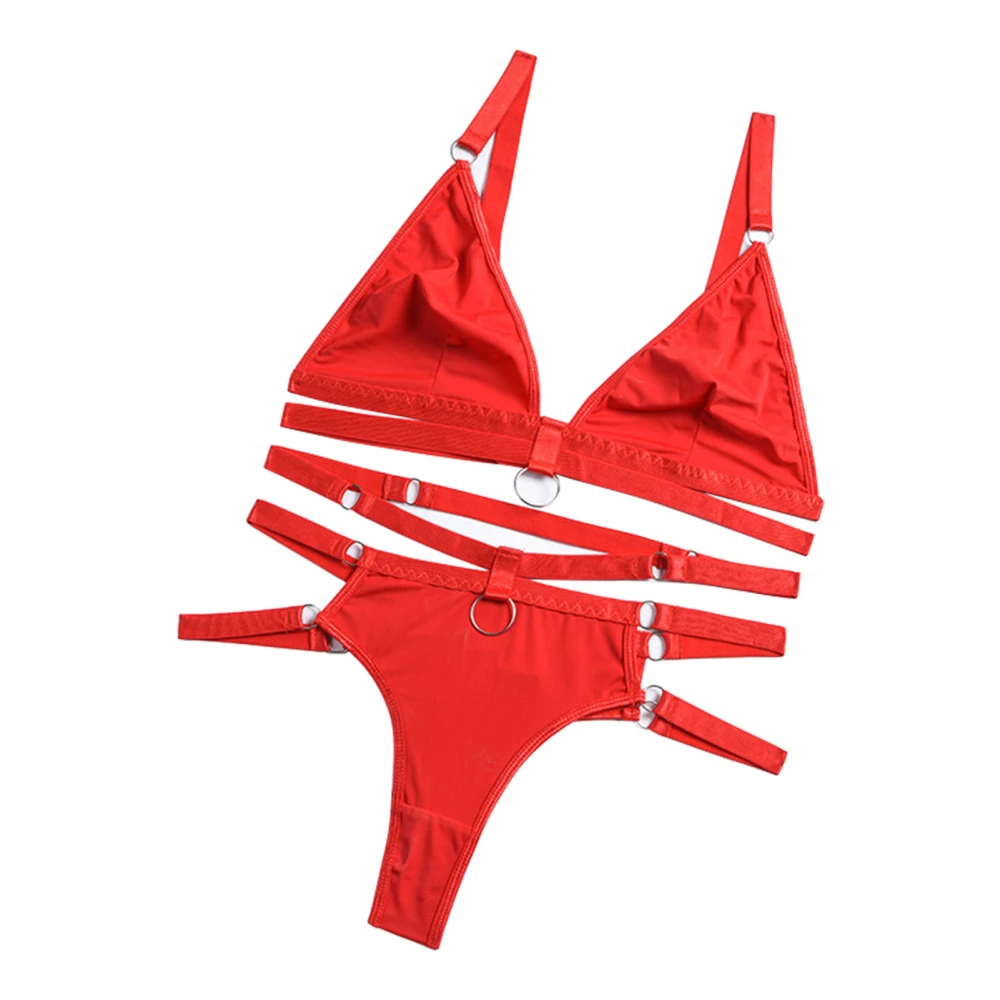 Ring Detail Cut Out Lingerie Set V Neck O Ring Strappy 2 Pieces Lingerie Set for Women Big Red M