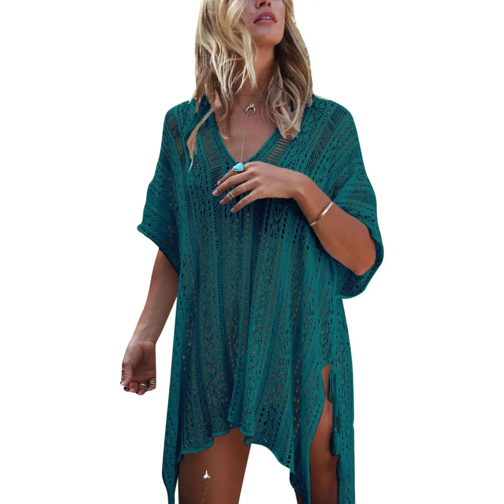 Women Bikini Coverup V Neck Crochet Net Side Drawstring Irregular Hem Swimsuit Covering Dress Peacock Blue Free Size