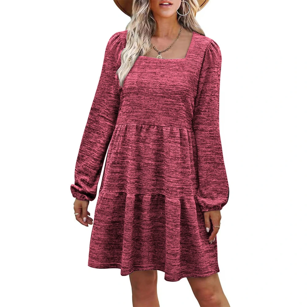 Long Sleeve Dress Squared Neck Pure Color Tiered Design Puff Sleeve Women Summer Tunic Dress for Party Office Red L