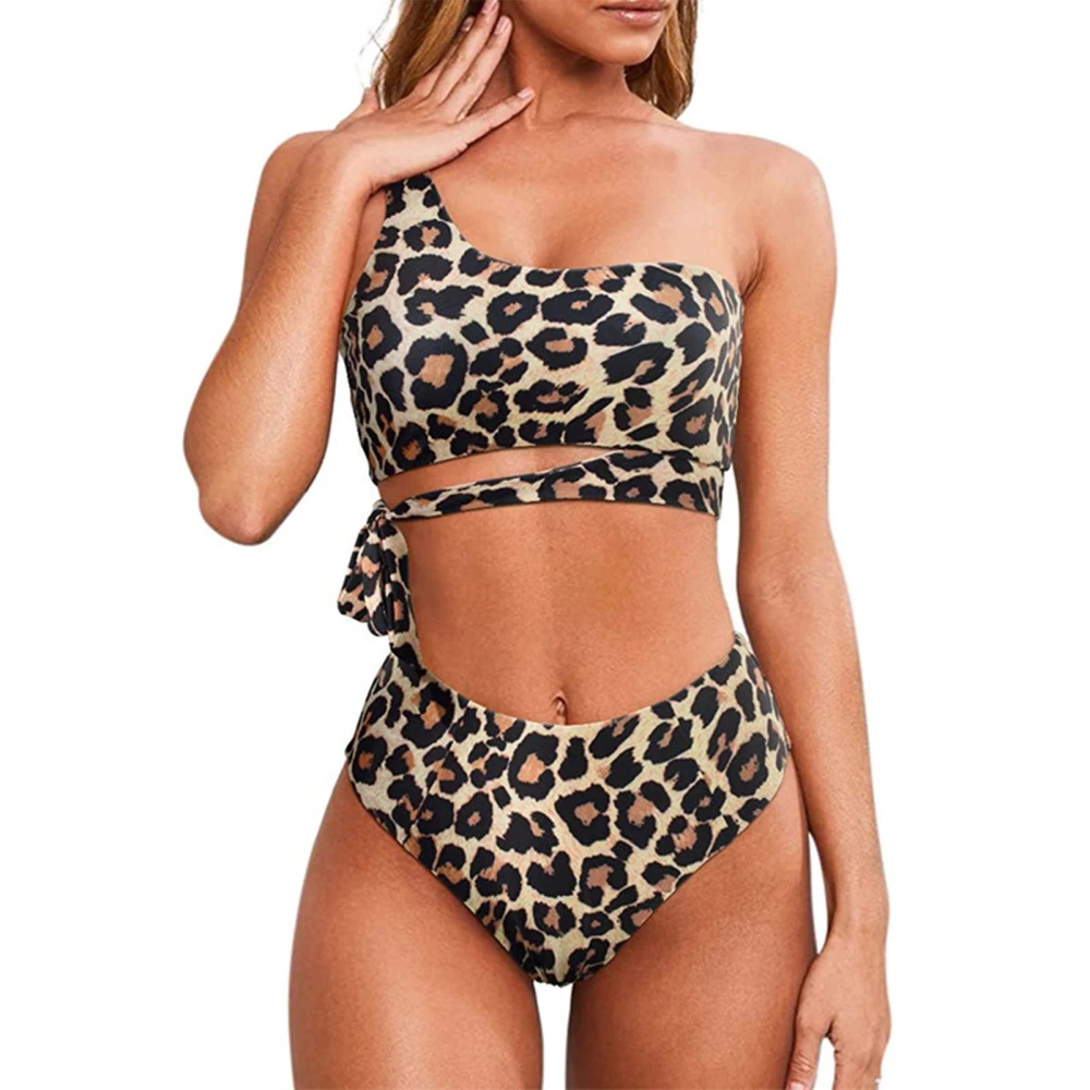 Women Bating Suit Two Piece One Shoulder High Waist Stretchy Breathable Padded Wireless Bikini Set Leopard Print M