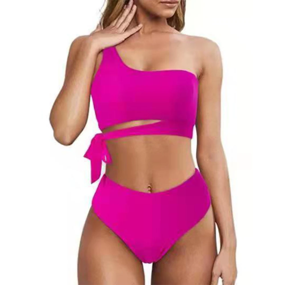 Women Bating Suit Two Piece One Shoulder High Waist Stretchy Breathable Padded Wireless Bikini Set Rose Red XL