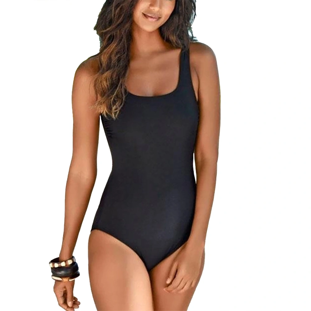 Women Tankini Bathing Suits One Piece U Neck Criss Cross Back Stretchy Breathable Swimsuit Black XXL