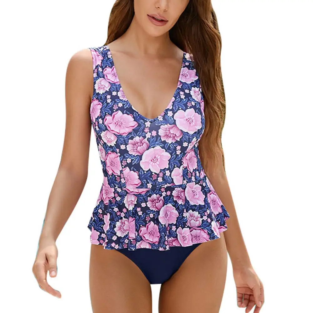 Women Floral One Piece Swimsuit U Neck Fashion One Piece Bathing Suit with Detachable Breast Pads for Swimming Printing XL