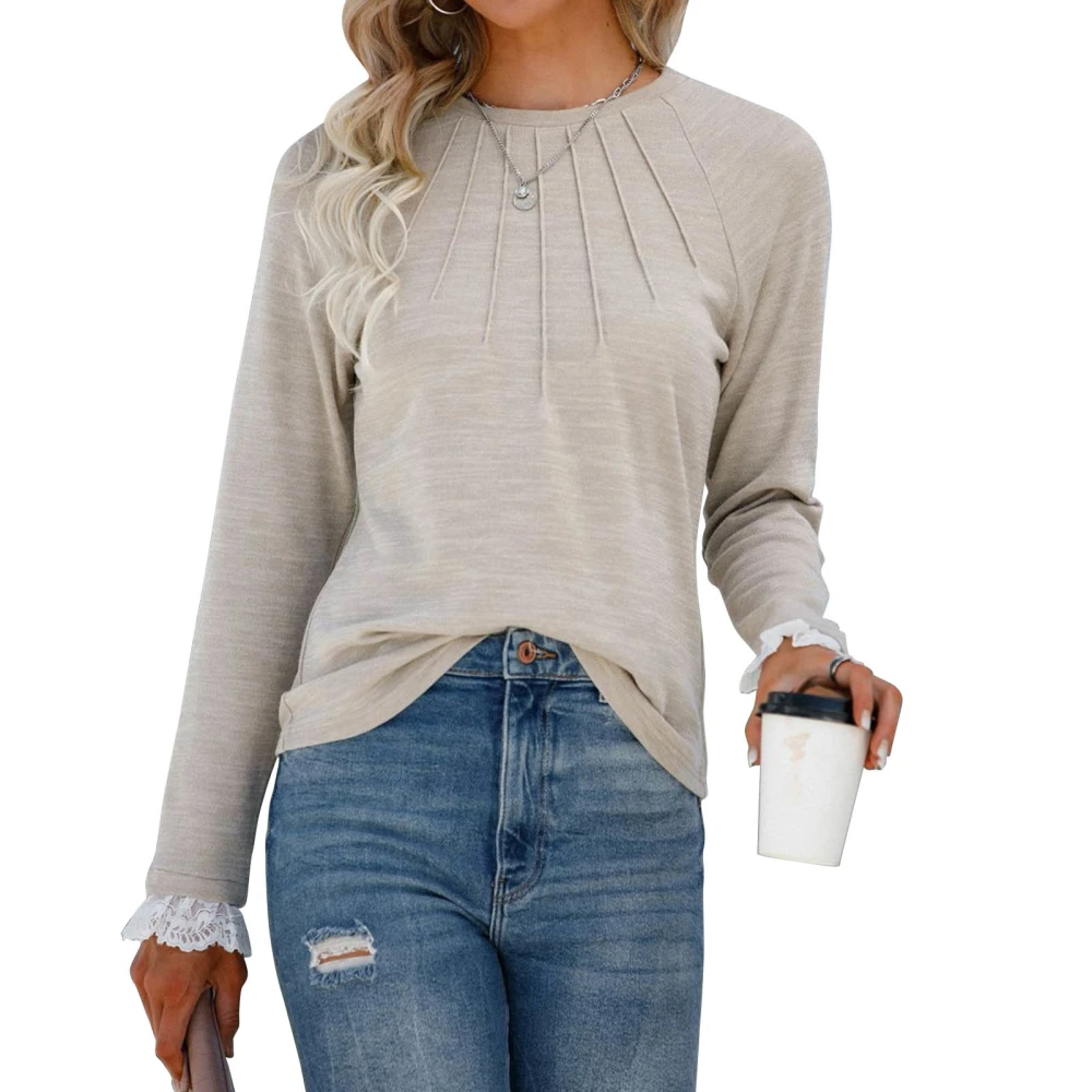 Women Long Sleeve Top Pleated Round Neck Lace Splicing Cuffs Pullover Blouse Top for Winter Khaki Khaki L