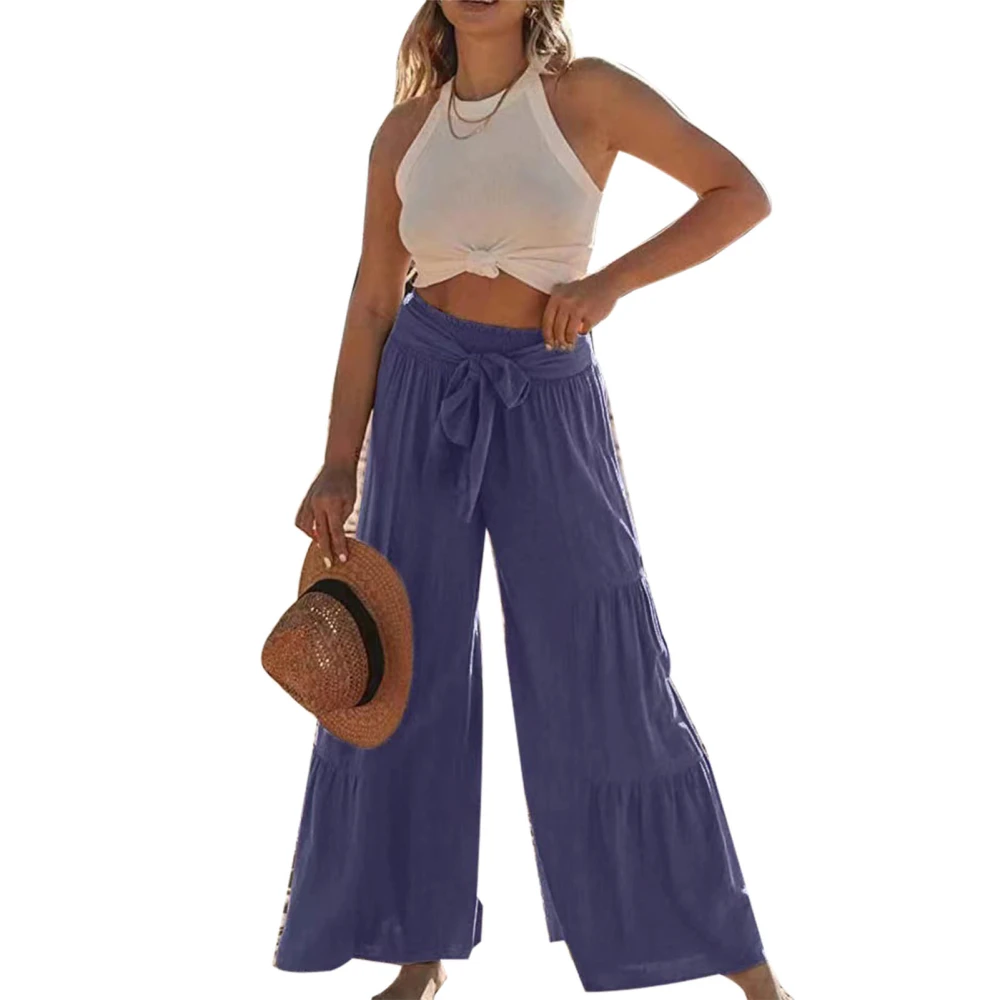 Ruffle Wide Leg Pants Pure Color Casual Fit Tie Fashionable Long Ruffle Trousers for Women Dating Purplish Blue L