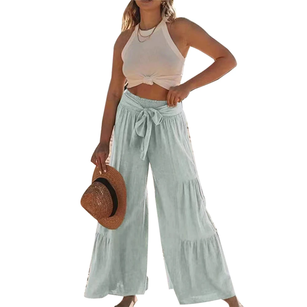 Ruffle Wide Leg Pants Pure Color Casual Fit Tie Fashionable Long Ruffle Trousers for Women Dating Mint Green L