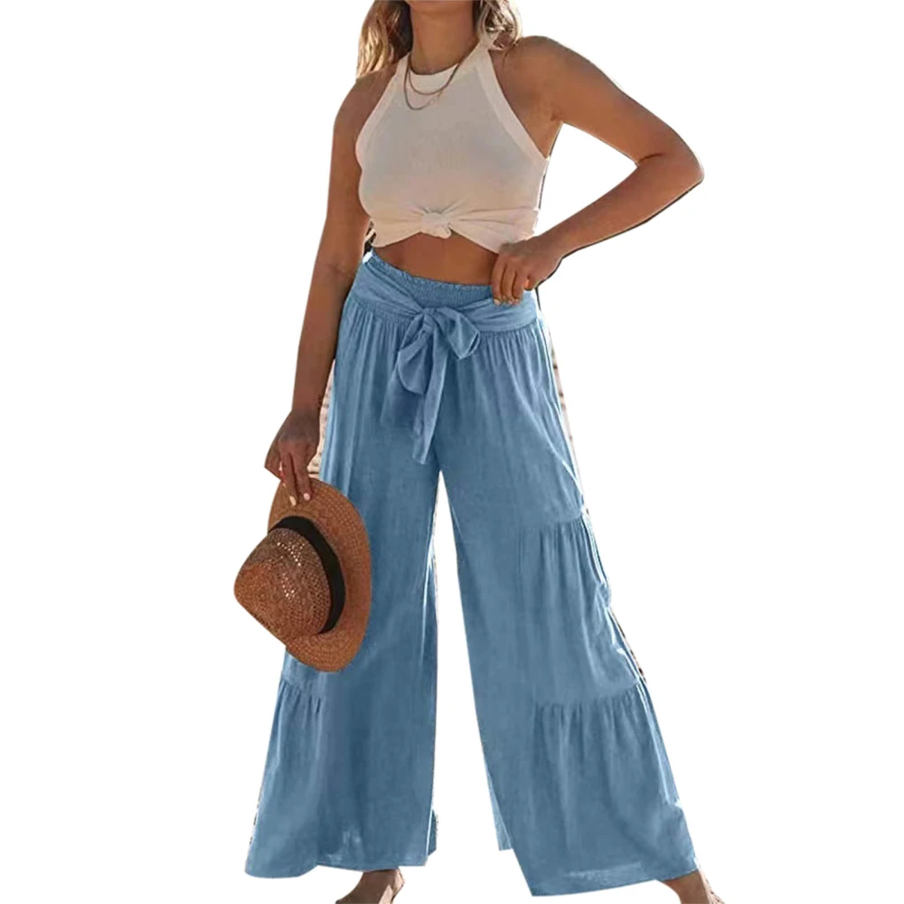 Ruffle Wide Leg Pants Pure Color Casual Fit Tie Fashionable Long Ruffle Trousers for Women Dating Sky Blue XL