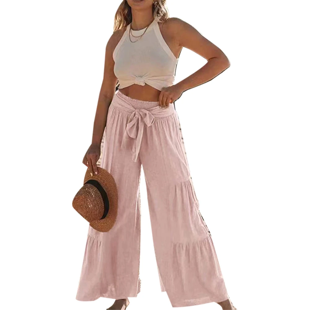 Ruffle Wide Leg Pants Pure Color Casual Fit Tie Fashionable Long Ruffle Trousers for Women Dating Pink M