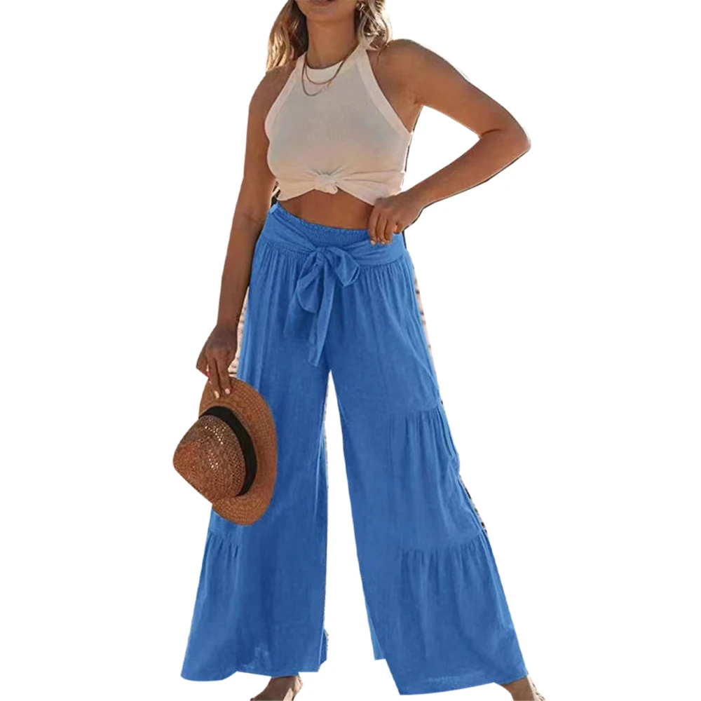 Ruffle Wide Leg Pants Pure Color Casual Fit Tie Fashionable Long Ruffle Trousers for Women Dating Blue S