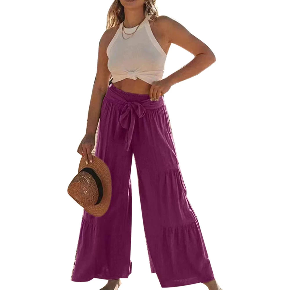 Ruffle Wide Leg Pants Pure Color Casual Fit Tie Fashionable Long Ruffle Trousers for Women Dating Purple S