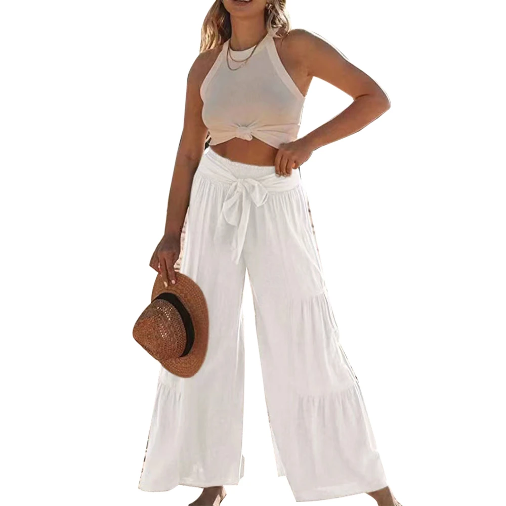 Ruffle Wide Leg Pants Pure Color Casual Fit Tie Fashionable Long Ruffle Trousers for Women Dating White XXL