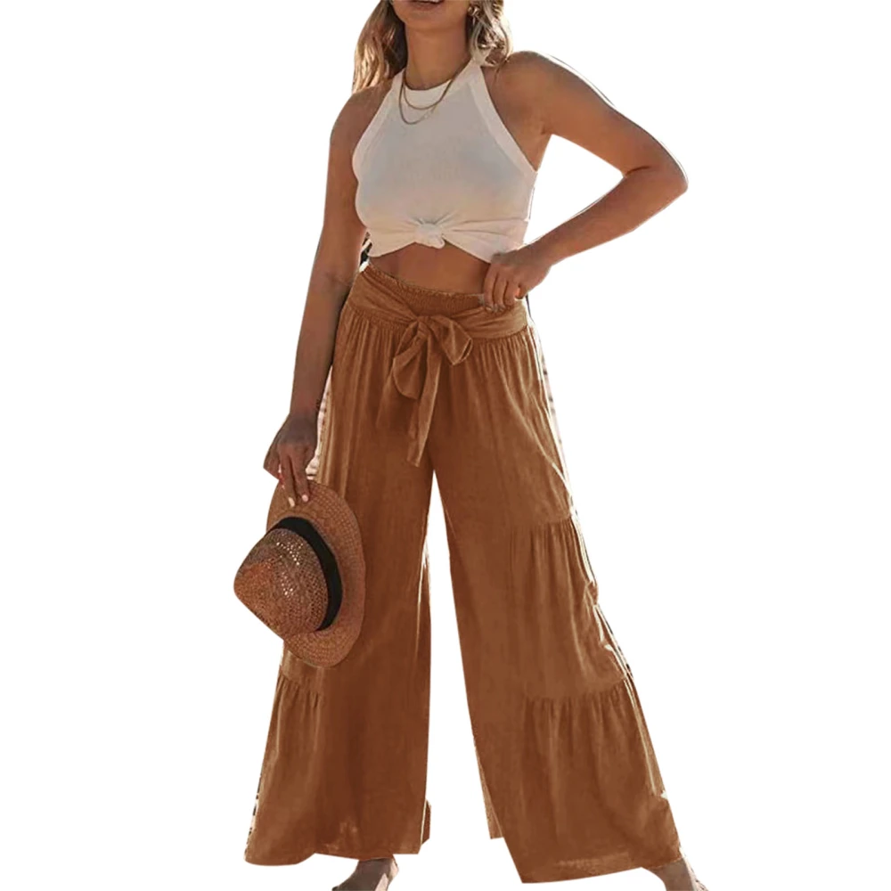 Ruffle Wide Leg Pants Pure Color Casual Fit Tie Fashionable Long Ruffle Trousers for Women Dating Khaki L