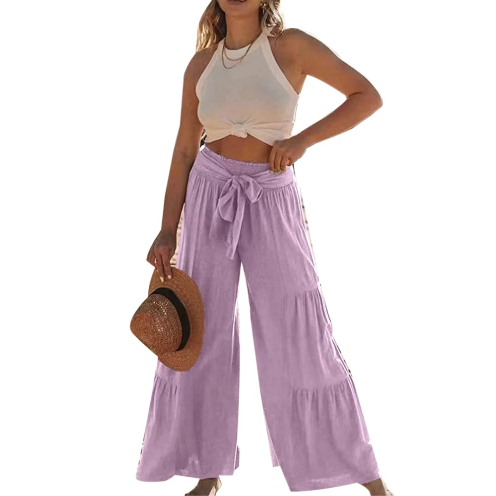 Ruffle Wide Leg Pants Pure Color Casual Fit Tie Fashionable Long Ruffle Trousers for Women Dating Light Purple XL