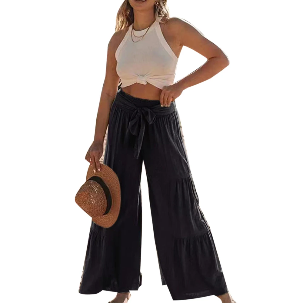 Ruffle Wide Leg Pants Pure Color Casual Fit Tie Fashionable Long Ruffle Trousers for Women Dating Black S