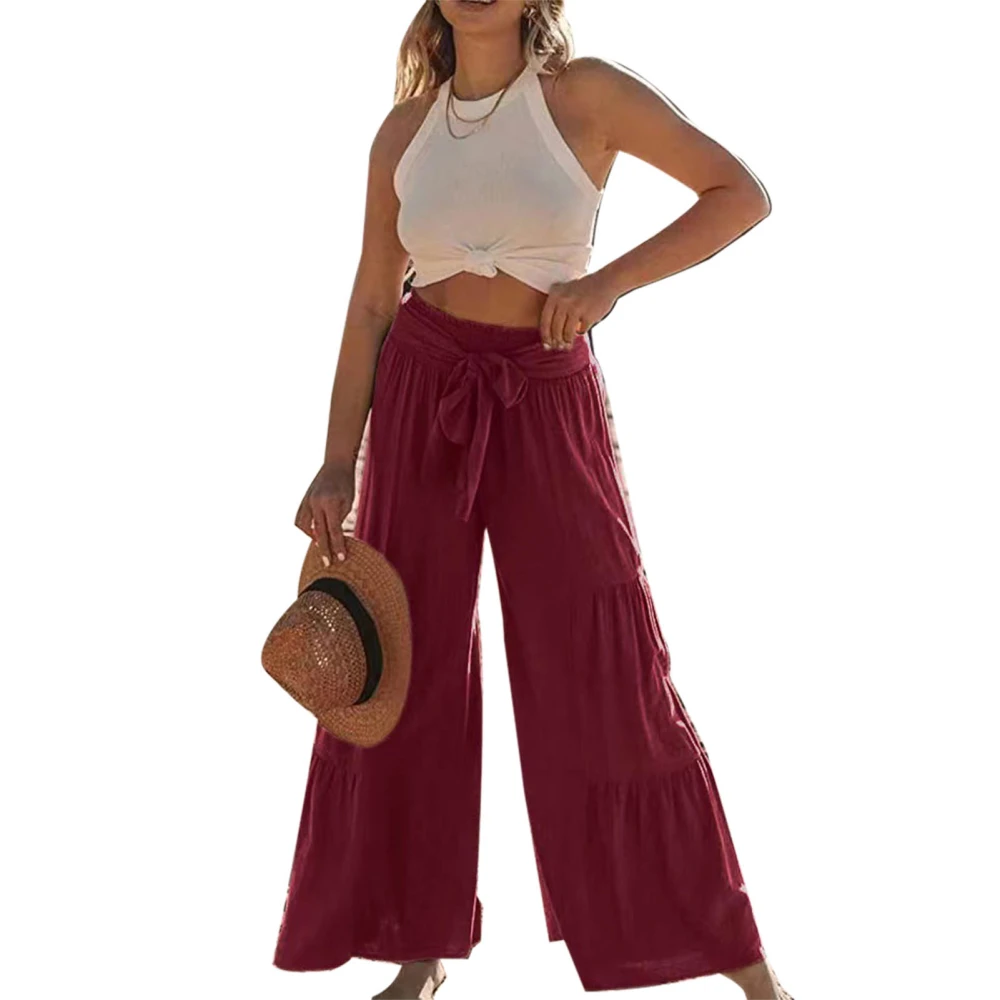 Ruffle Wide Leg Pants Pure Color Casual Fit Tie Fashionable Long Ruffle Trousers for Women Dating Burgundy L