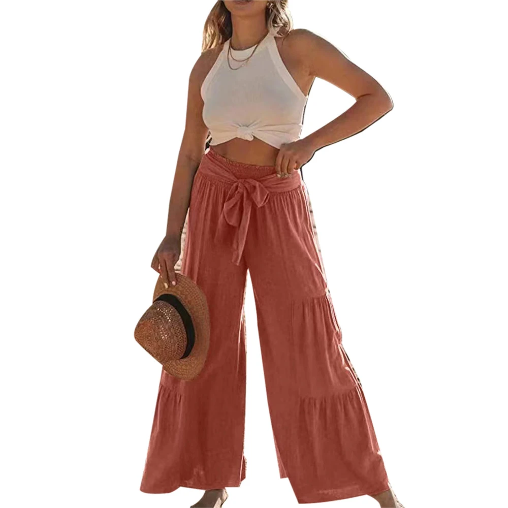 Ruffle Wide Leg Pants Pure Color Casual Fit Tie Fashionable Long Ruffle Trousers for Women Dating Brownish Red S