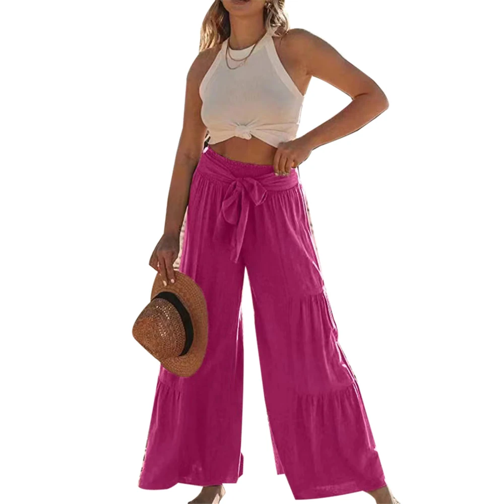 Ruffle Wide Leg Pants Pure Color Casual Fit Tie Fashionable Long Ruffle Trousers for Women Dating Rose Red S