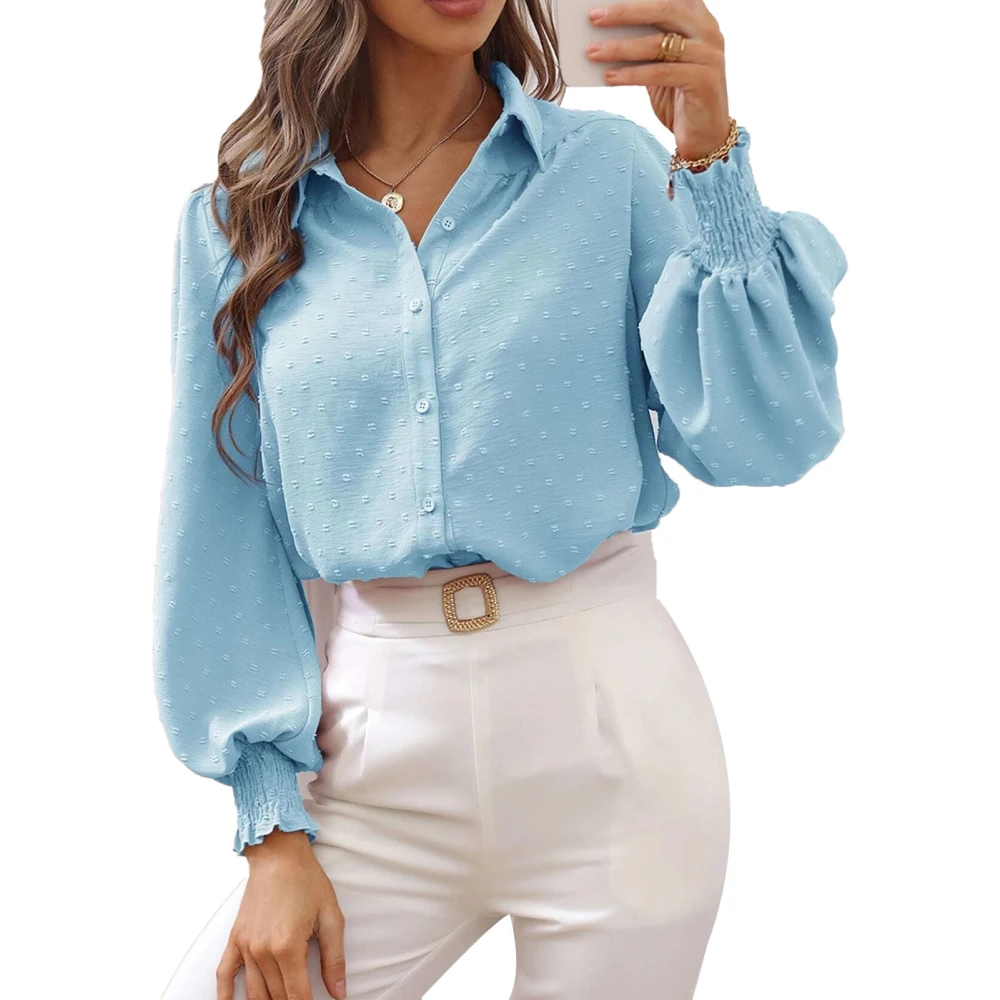 Womens Button Up Blouse Puff Sleeve Pure Color V Neck Loose Hem Women Button Shirt for Party Street Office Light Blue XL