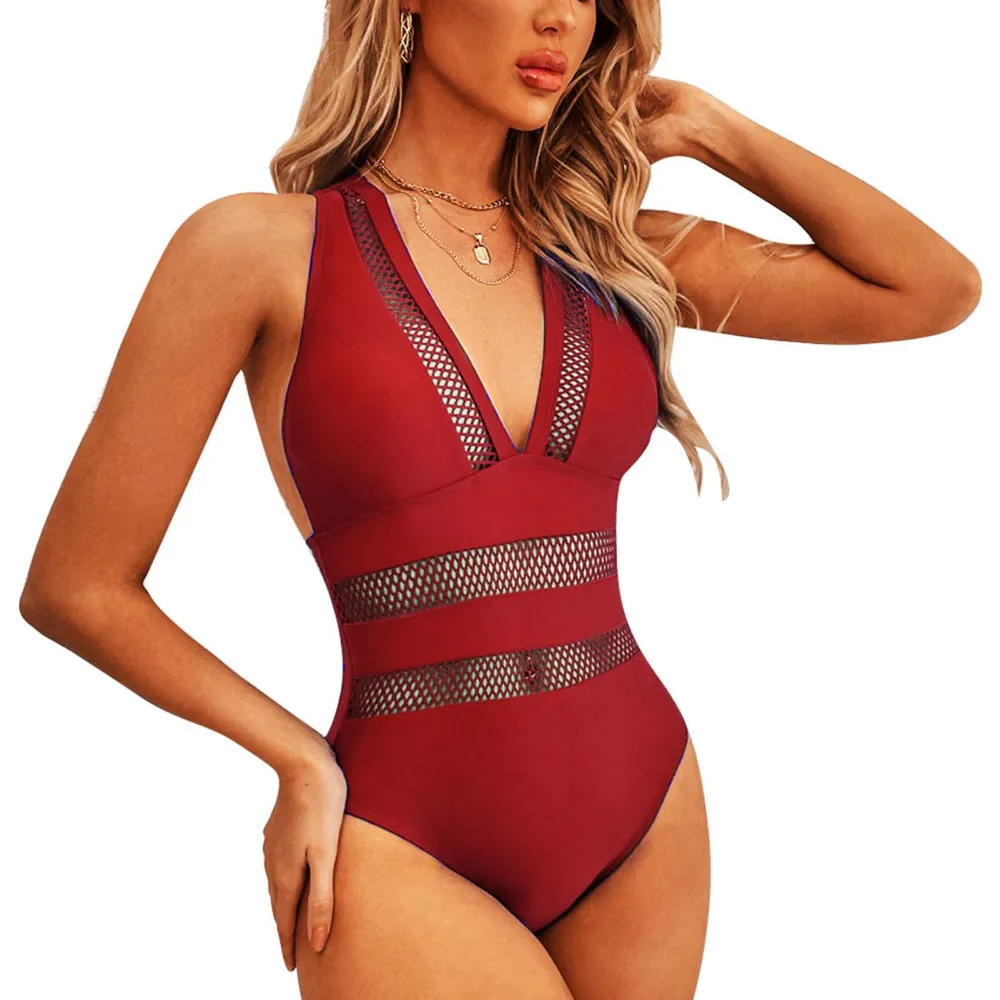 Women Swimsuit Deep V Neck Crossing Straps Back Mesh Splicing One Piece Bathing Suit with Chest Pads Red L