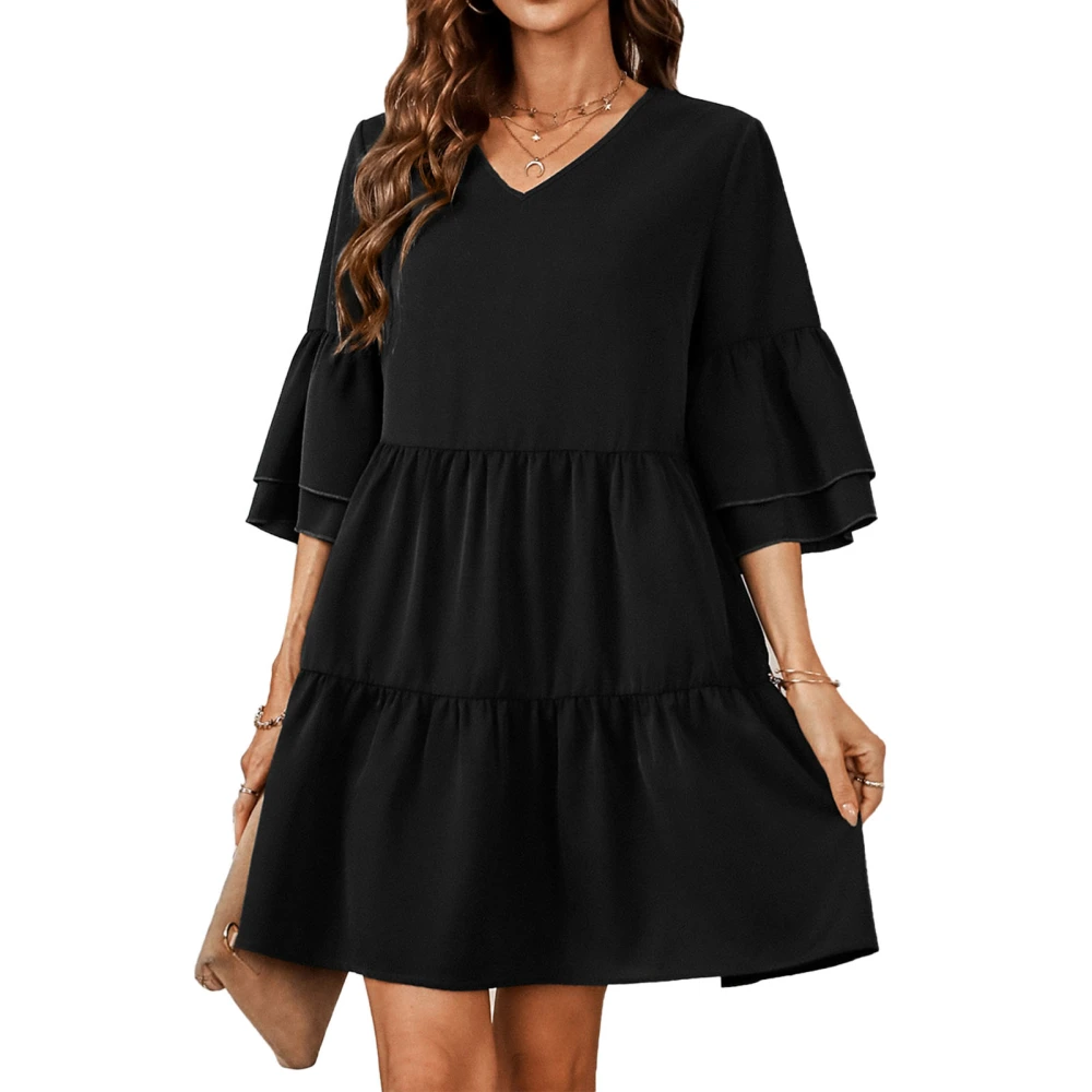 Ruffle Dress V Neck Pure Color Fashionable Stitching Elegant Casual Fit Short Women Ruffle Dress for Dating Black L