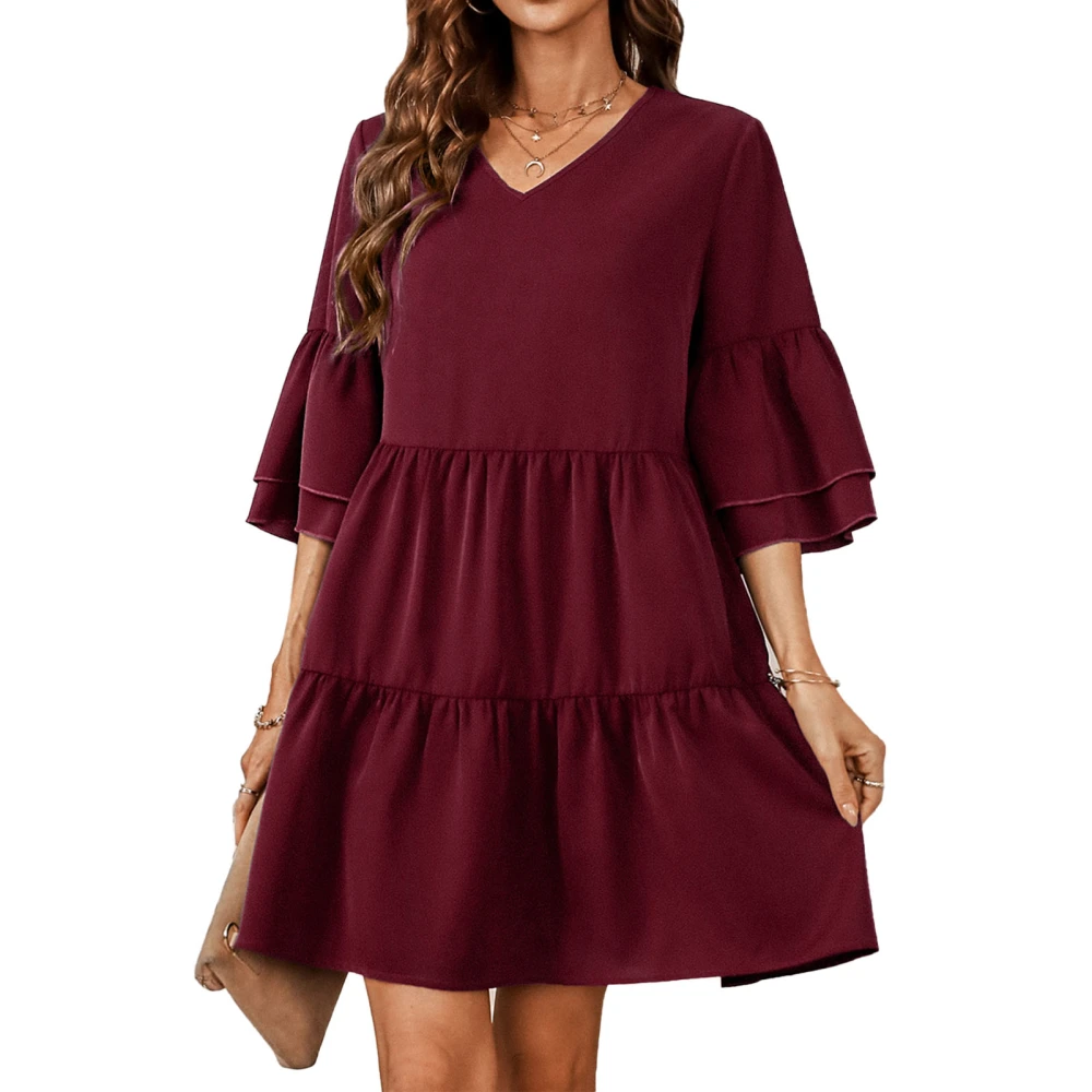 Ruffle Dress V Neck Pure Color Fashionable Stitching Elegant Casual Fit Short Women Ruffle Dress for Dating Dark Burgundy L