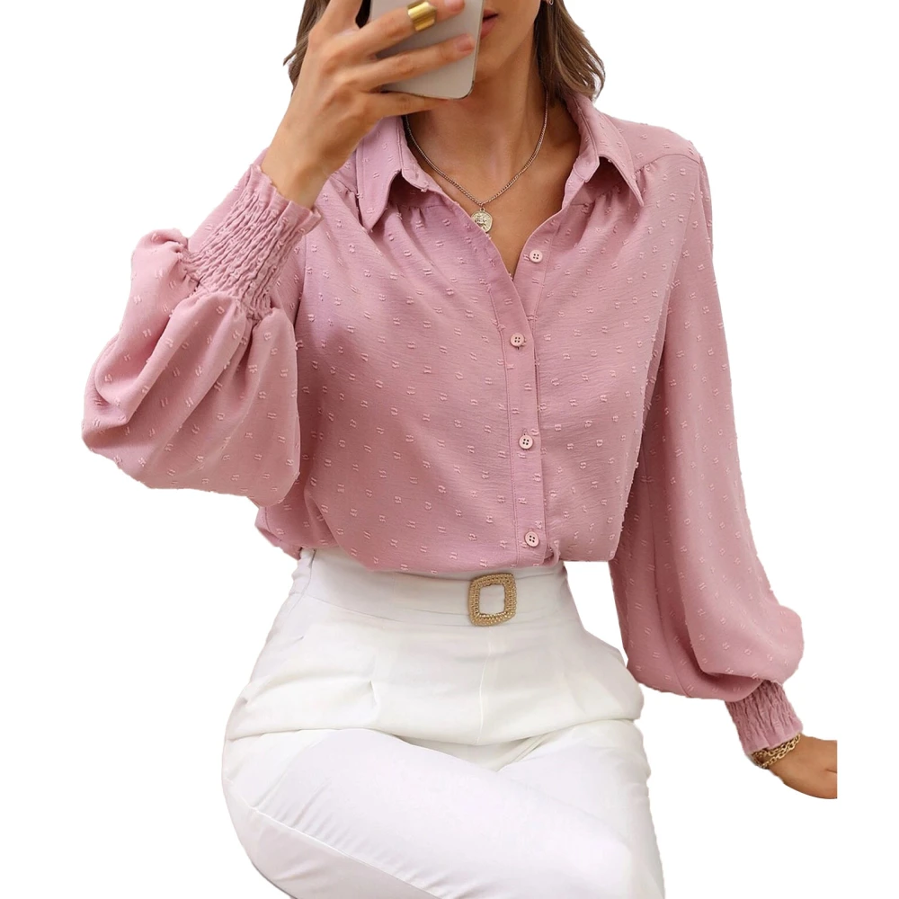 Womens Button Up Blouse Puff Sleeve Pure Color V Neck Loose Hem Women Button Shirt for Party Street Office Pale Pinkish Grey M