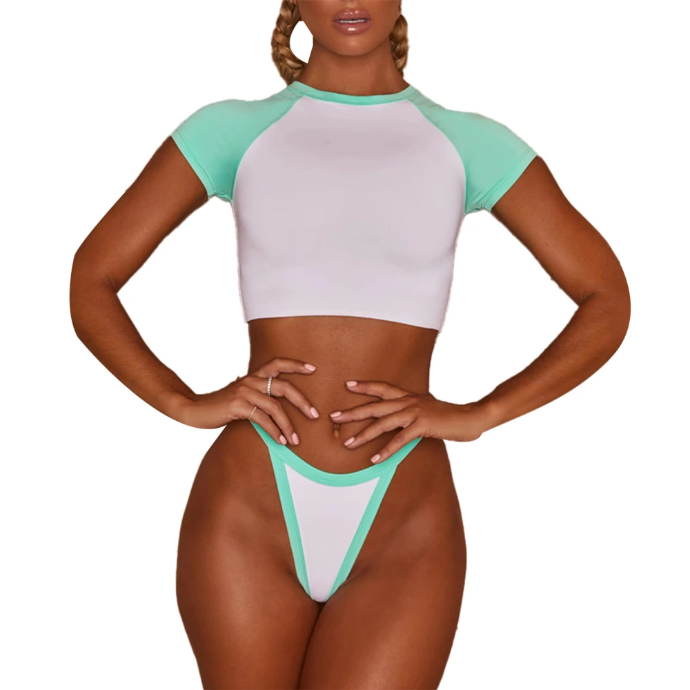 Swimsuit 2 Pieces Colorblock Short Top High Waisted Bottom Round Neck Women Sporty Swimwear Green L