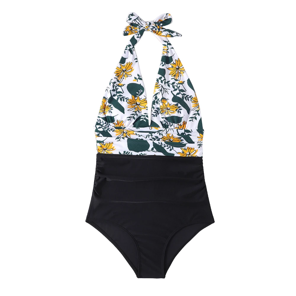 Women One Piece Swimsuit Halter Plunge V Neck Backless Floral Print Ruched Bathing Suit for Summer Swimming Yellow Flower L