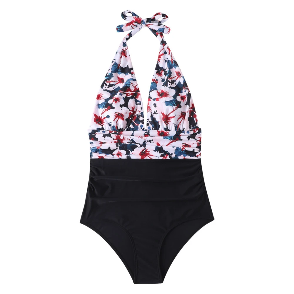 Women One Piece Swimsuit Halter Plunge V Neck Backless Floral Print Ruched Bathing Suit for Summer Swimming Pink Flower XXL