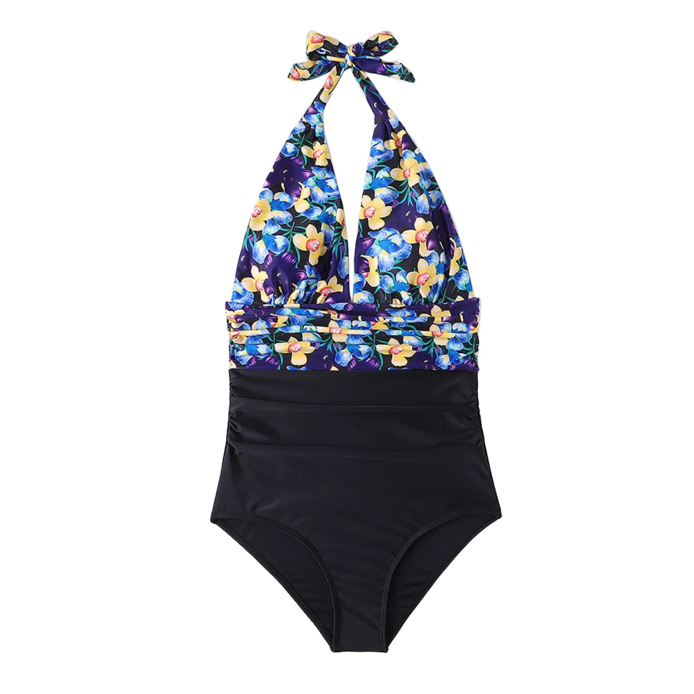 Women One Piece Swimsuit Halter Plunge V Neck Backless Floral Print Ruched Bathing Suit for Summer Swimming Blue Flower M