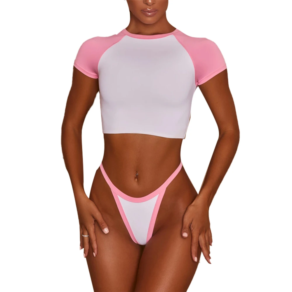 Swimsuit 2 Pieces Colorblock Short Top High Waisted Bottom Round Neck Women Sporty Swimwear Pink XL