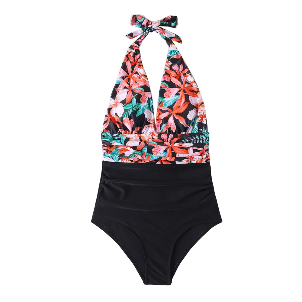 Women One Piece Swimsuit Halter Plunge V Neck Backless Floral Print Ruched Bathing Suit for Summer Swimming Red Flower L