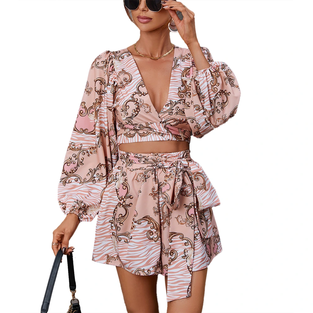 Women Jumpsuit Cut Out Deep V Neck Lantern Long Sleeved Belt Shorts Slim Fit Jumpsuit Pink M