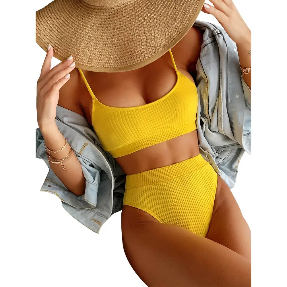 Women Spaghetti Strap Bikini Set Two Piece U Neck Ribbed High Cut Backless Bathing Suit Yellow L