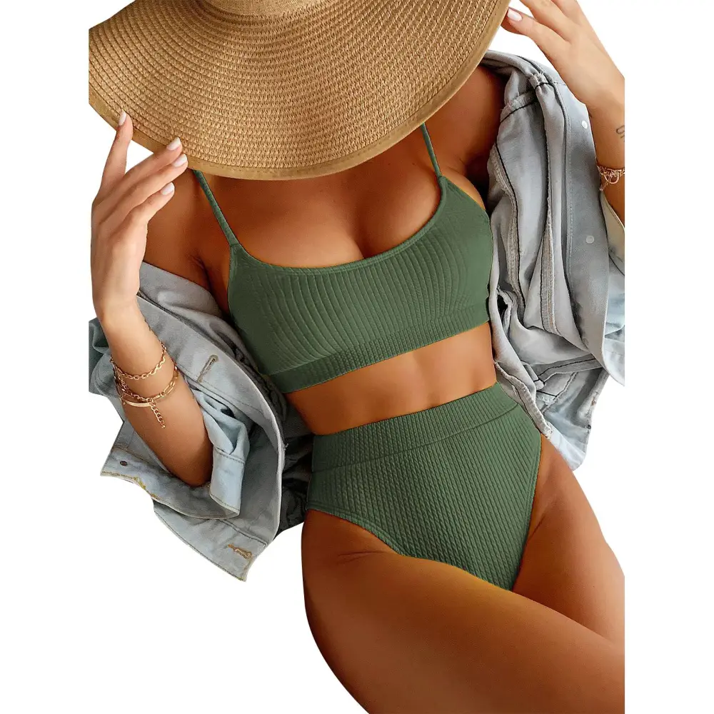 Women Spaghetti Strap Bikini Set Two Piece U Neck Ribbed High Cut Backless Bathing Suit OD Green XL