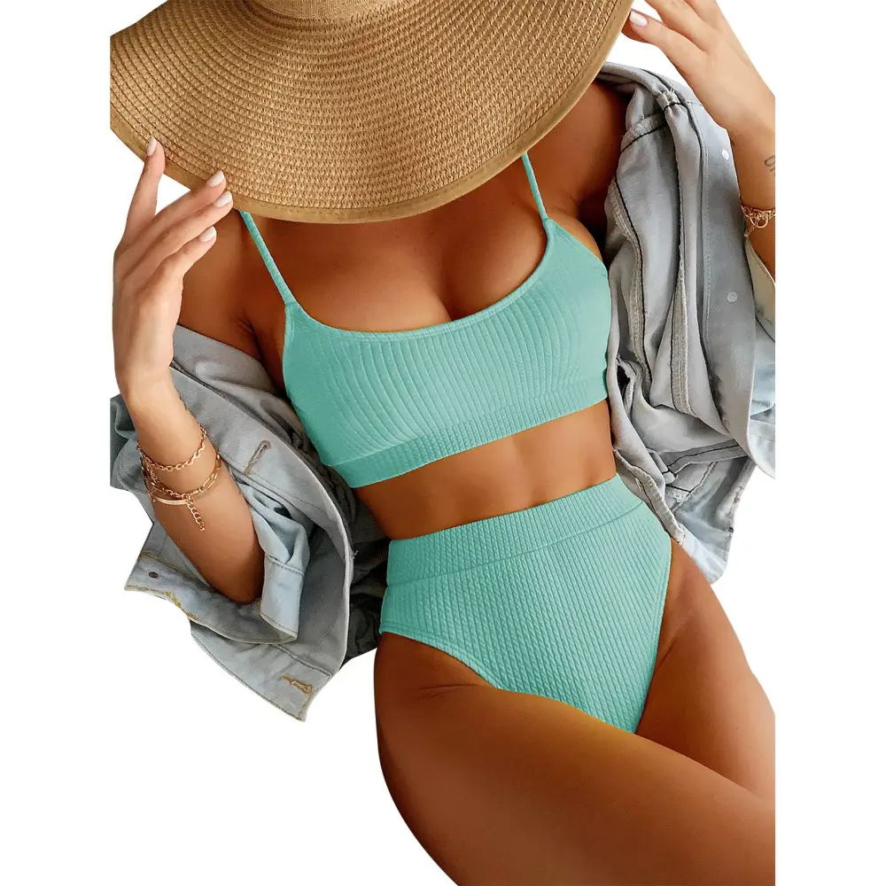 Women Spaghetti Strap Bikini Set Two Piece U Neck Ribbed High Cut Backless Bathing Suit Mint Green L